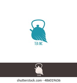 Tea pot kettle leaf hot blue shop cafe vector logo icon