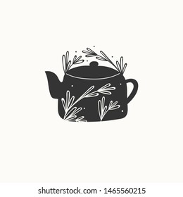 Tea pot and leaves on branches. Simple logo. Minimalistic design. Outline doodle drawing. Hand drawn black trendy vector illustration. Flat design. Vintage style