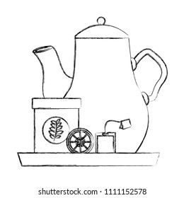 tea pot lemon and tea bag container on tray