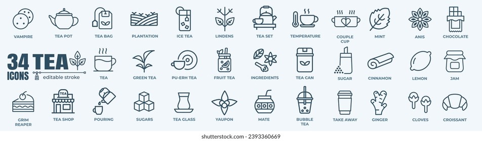 Tea and tea pot minimal thin line web icon set. Outline editable icons collection. Simple vector illustration.