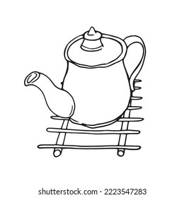 Tea pot on a plate hand drawn outline illustration graphic. Retro and antique porcelain kettle simple contour cartoonish sketch. Classic herbal dish for hot liquid logo pen drawing silhouette.