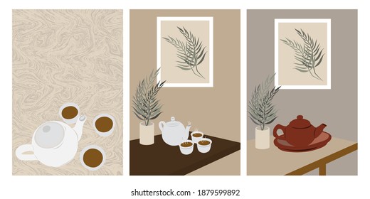 tea pot on table from side and top vector set vintage style