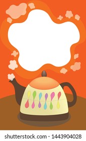 Tea pot on the table , smoke for text and orange background. in kitchen room.