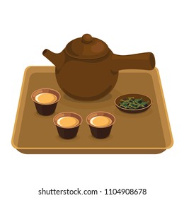 Tea pot set in a tray with tea leaves.