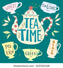 Tea pot silhouette with quote - It's Tea Time. Vector illustration. Typography poster design with unique lettering. Elements for banner, flyer, postcard design for tea party, home decor, invitation.
