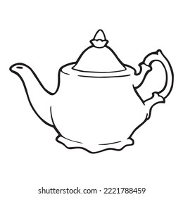 Tea pot simple outline design and hand drawn illustration. Kettle in retro fashion ready for preparing hot drink like tea and coffee pen drawing silhouette logo. Cartoonish restaurant dishes symbol.