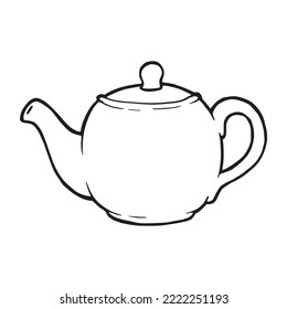 Tea pot in simple outline illustration ready to boil water for tea. Cartoon kettle contour drawing graphic. Single pot logo detail. Traditional teapot with handle for tea or coffee. Hand drawn dishes.