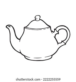 Tea pot single outline design and pen drawing illustration. Kettle in retro fashion ready to serve hot drink like tea and coffee hand drawn silhouette logo. Cute cartoonish restaurant dishes symbol.