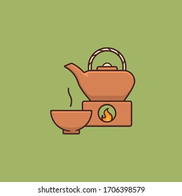 Tea pot, stove and cup vector illustration for Tea Day on April 21st. Hot drink and crockery symbol.