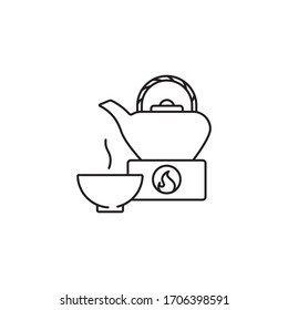 Tea pot, stove and cup vector line icon. Hot drink and crockery outline symbol.