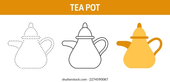Tea Pot tracing and coloring worksheet for kids