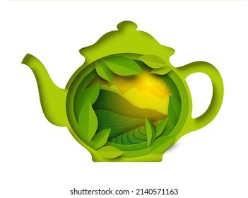 Tea Pot Vector. Herbal Drink In Kettle Paper Cut Art Design. Cafe Or Cafeteria Logo. Traditional Ceremony Of Aroma Beverage Brewing