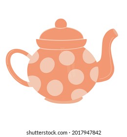 Tea pot vector illustration isolated on white background. Cute hand drawn ceramic peach color teapot kettle for brewing tea decorated with dots. 