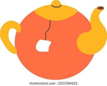 Tea pot vector illustration isolated on transparent background. Vintage teapot of orange and yellow colors with tea bag in it. Simple flat style design