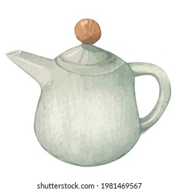 tea pot watercolor painting. Vector illustration. One single object. Drawing water color graphic illustration, cutout clipart element for design decoration, poster, card, banner.