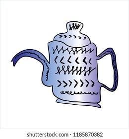 tea pot in whimsical funny hand illustrated blue 