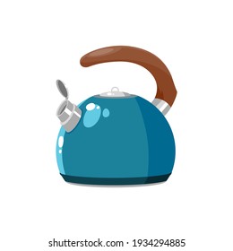 Tea pot with wooden brown handle isolated kettle with hot drink. Vector kitchen utensils, household appliance to boil water, tea coffee brewing device. Teapot with cap, tea-kettle of stainless steel