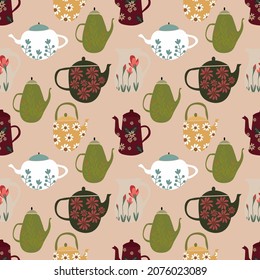 Tea Pot,flower abstract vector ilustration seamless patern.Great for textile,fabric,wrapping paper,and any print.
