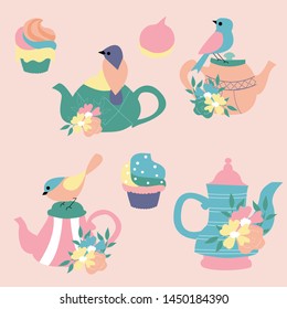 Tea pots, birds, flowers and cookies, vector elements, perfect to use on the web as standalone elements