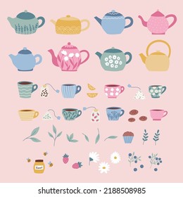 Tea pots and cups collection. Doodle hand drawn cookies, berries, honey, lemons, daisy flowers and sweets. Flat design for cafe and restaurant menu. Tea time. Vector illustration.