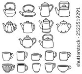 Tea pots and tea cups icon doodles