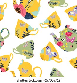 Tea pots and cups seamless pattern