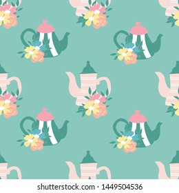 Tea pots with flowers in a seamless pattern design, that can be both used on the web or in print for surface design