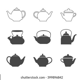 Tea pots set. Vector line tea pots icons and tea pots silhouette symbols