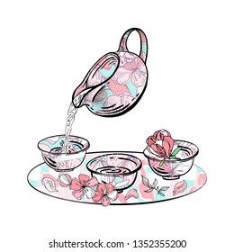 Tea is poured into cups.  Vector illustration. Tea ceremony. Tea utensils with Sakura. Tea party. Poster or postcard. Banner in the café.