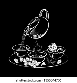 Tea is poured into cups.  Vector illustration. Tea ceremony