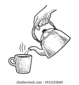 tea is poured from the kettle sketch engraving vector illustration. T-shirt apparel print design. Scratch board imitation. Black and white hand drawn image.