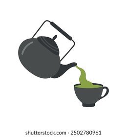 Tea pouring from a black teapot into a black cup. Matcha tea. Vector elements for cafe, menu, restaurant design. Traditional Japanese tea ceremony illustration hand drawn in flat style