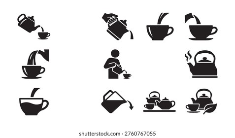 Tea pouring icon set with various kettles pots and cups for brewing drinks