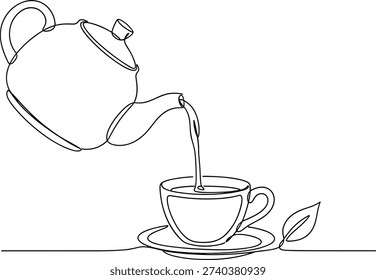 Tea pouring from teapot into cup minimal one line continuous outline illustration