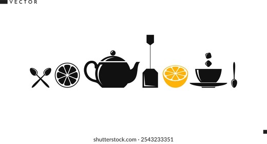 Tea preparation icon set. Isolated tea leaves teapot lemon spoon tea cup and sugar vector