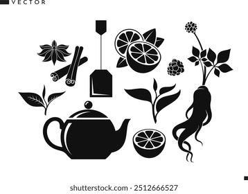 Conjunto de iconos de preparación de té. Colección de té  