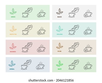 Tea preparation icons set, editable stroke. Black, Green, White, Herbal, Oolong, Rooibos, Pu'er, Mate tea