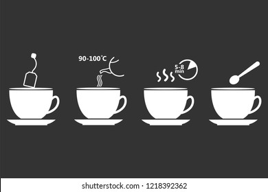 Tea preparation. Set of tea brew instruction. Steps how to cooking hot drink. Vector