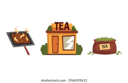 Tea Production Set, Tea Leaves Picking, Drying and Selling Vector Illustration