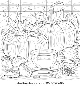 
Tea and pumpkins.Autumn.Coloring book antistress for children and adults. Illustration isolated on white background.Zen-tangle style. Hand draw
