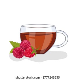Tea with raspberries in a glass cup, raspberries are lying nearby. Vector