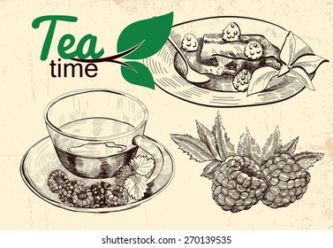 tea and raspberries illustration