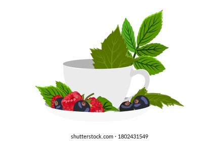 Tee mit Himbeere und Johannisbeeren und Beeren beeren eine große weiße Tasse Keramik. Beeren. Vektorgrafik