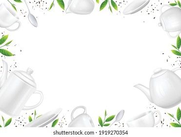 Tea realistic background composition with empty space surrounded by images of loose tea leaves and teapots vector illustration