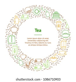 Tea Related Banner Card Circle for Web and App Include of Mug, Teapot, Lemon and Cake . Vector illustration