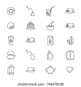 Tea Related Black Thin Line Icon Set for Web and App Include of Mug, Teapot, Lemon and Cake . Vector illustration