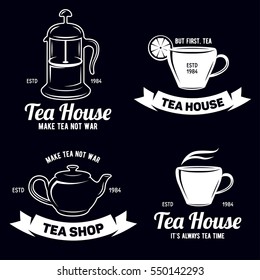 Tea related labels and quotes set for shops, cafes and restaurants. Vector element design, logos, stickers, icons, business signs.