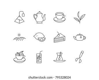 Tea related line icons set with teabag, teapot, cup, plant, field, lemon, cake, iced tea, Turkish glass, infuser.
