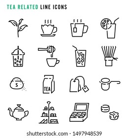 Tea related line icons, Various tea related line icons, Cute cartoon line icons of tea related object, Abstract tea related line icons, Vector illustration