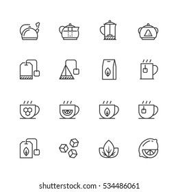 Tea related vector icon set in thin line style